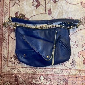 Blue Leather Chain Strap Bag